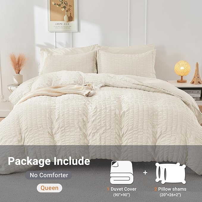 HYMOKEGE Ivory Duvet Cover Queen Size, Ultra Soft 3-Piece Seersucker Duvet Cover Set with Zipper Closure, Soft Brushed Microfiber Bedding Set with 8 Corner Ties (90"x90", 2 Pillowshams)