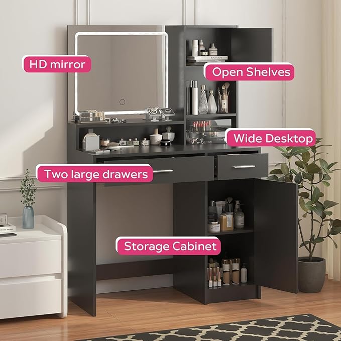 Palimder Vanity Desk with LED Light Mirror, Dressing Table with Large Drawer & 3-Tier Storage, Adjustable Brightness 3 Lighting Modes, Modern Makeup Desk for Bedroom, Bathroom, or Living Room