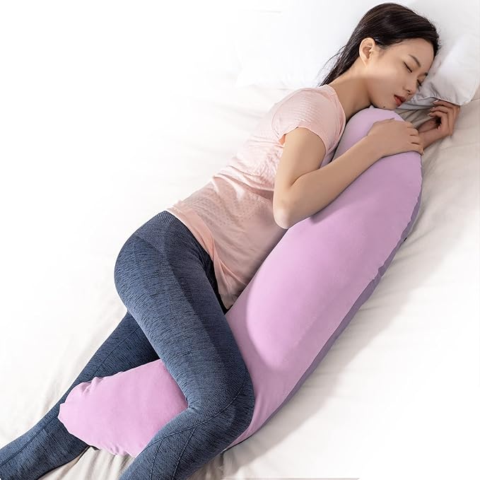 BYRIVER 39" Pink Purple Cute Body Pillow for Women Girl Side Sleepers, C Shaped Pregnancy Pillow, Anxiety Relief Hugging Pillow for Adults, 100% Cotton Pillow Cover, Gifts for New Mom (ZI-L)