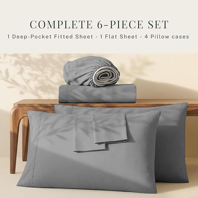 Hearth & Harbor Bed Sheets, Luxury Soft 6 Piece Bed Sheet Set Extra Deep Pocket Fitted Sheets Fits Mattress up to 21", Double Brushed Bedding Sheets & Pillowcases, Full, Frost Gray