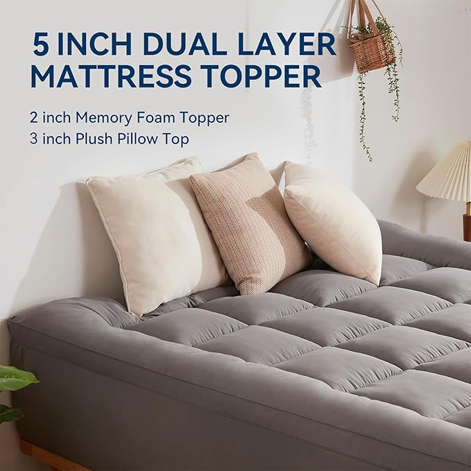 BDEUS Dual Layer 5 Inch Memory Foam Mattress Topper California King Size, 2 Inch Gel Memory Foam Plus 3 Inch 1450 GSM Down Alternative Quilted Pillow Top Mattress Pad Cover,Dark Gray