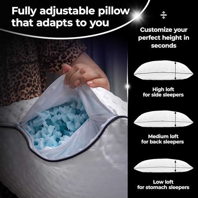 Silvery Silver Infused Bed Pillow - Shredded Memory Foam Fill with Adjustable Loft - Hypoallergenic Self-Cleaning Technology that Stays Fresh 3X Longer - Perfect for Side, Back & Stomach Sleepers