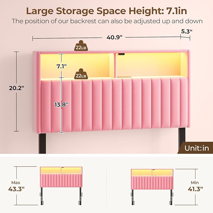 Rolanstar Headboard for Twin Size Bed with Storage, Head Board with USB & Type C Port, 60,000 DIY Color of LED Light, Velvet Upholstered, Height Adjustable, Sturdy, Easy Assembly, Pink