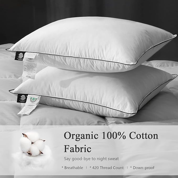 DWR Luxury Hotel Goose Feather Down Pillows King Size Set of 2, Medium Firm Bed Pillows for Sleeping, 100% Organic Cotton Cover, Soft Yet Supportive Polyester Surround, White 20"x36"