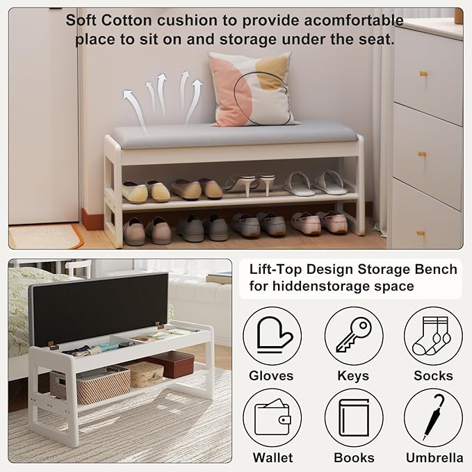 AQIMUELE Shoe Rack Bench,2 Tiers Shoe Bench with Storage with Flip-Top,Wood Shoe Rack for Entryway,Hallway（White Upholstered Seat,11.8" D x 31.5" W x 15.7" H）
