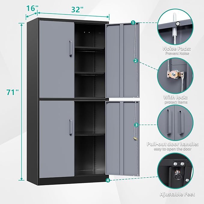 SISESOL Metal Storage Cabinets with Doors and Shelves,71" Metal Garage Storage Cabinet with Lock,Gray Steel Cabinet with Locking Doors,4 Door Lockable Storage Cabinets for Garage,Home,Office