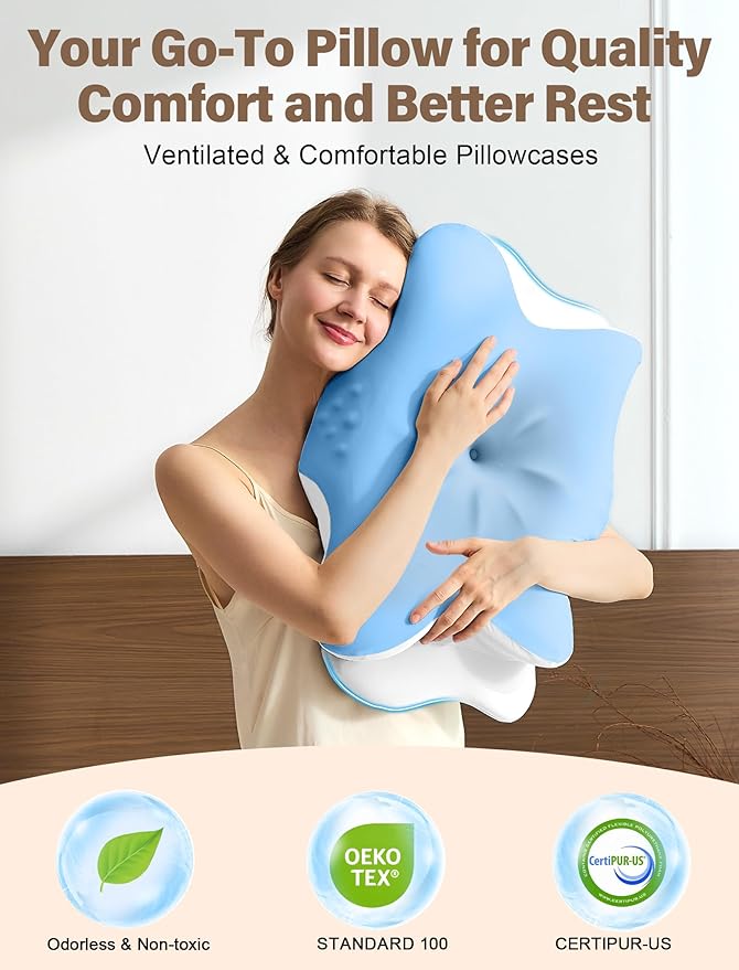 Cervical Neck Pillow for Pain Relief – Ergonomic Memory Foam Pillow for Side Sleeper Contour Orthopedic Bed Pillow for Neck Support with Cooling Cover – Ideal Christmas Birthday Gift for Women -Blue
