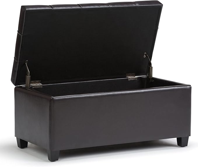 SIMPLIHOME Sienna Storage Ottoman Bench - 33 inch Wide Upholstered Vegan Leather Rectangle Storage Ottoman Bench in Chocolate Brown, Transitional Tufted Ottoman for Living Room with Lift Top