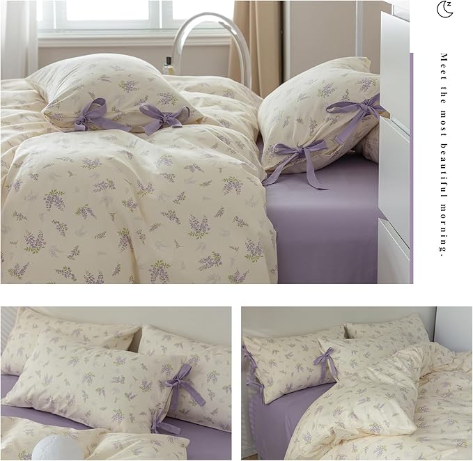 mixinni Cotton Purple Floral Duvet Cover Twin Size Soft Cottage Ribbon Bedding Set Girls Comforter Cover with Zipper 4 Corner Ties for Teenage Girls (1 Duvet Cover + 2 Bowknot Pillowcase)-Twin Size