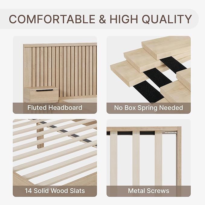 KISLOT Queen Size Wood Bed Frame with Built-in Nightstands, Modern Fluted Headboard & Storage Drawers, Solid Wood Slat Support, No Box Spring Needed, Noise-Free, Easy Assembly