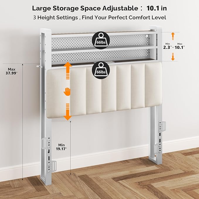 VINGLI Twin/XL LED Headboard with Storage Shelves & Charging Station, Upholstered Metal Head Board with RGB Lights, USB Ports and Power Outlet for Kids Room, Small Bedroom, Dorm and College Bedroom