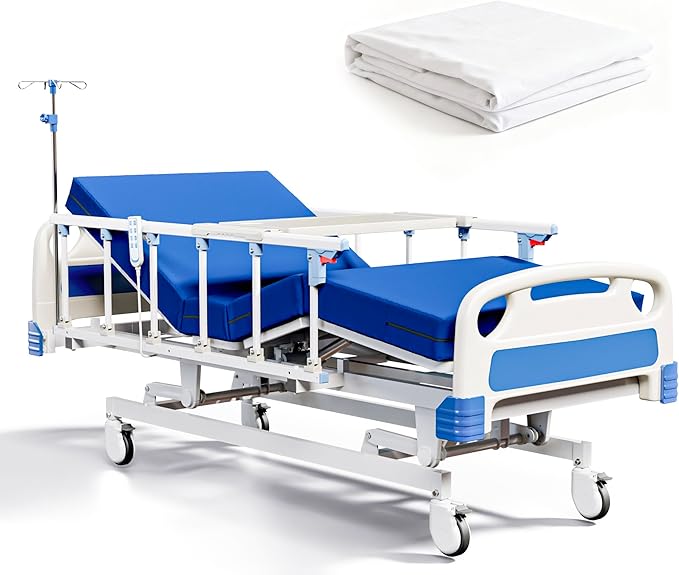 Premium Full Electric Hospital Bed for Home Use, 3 Function Medical Bed with 4.7” Foam Mattress, Height Adjustable, Individual Locking, Includes Tray and Sheets (2X) (3 Function)