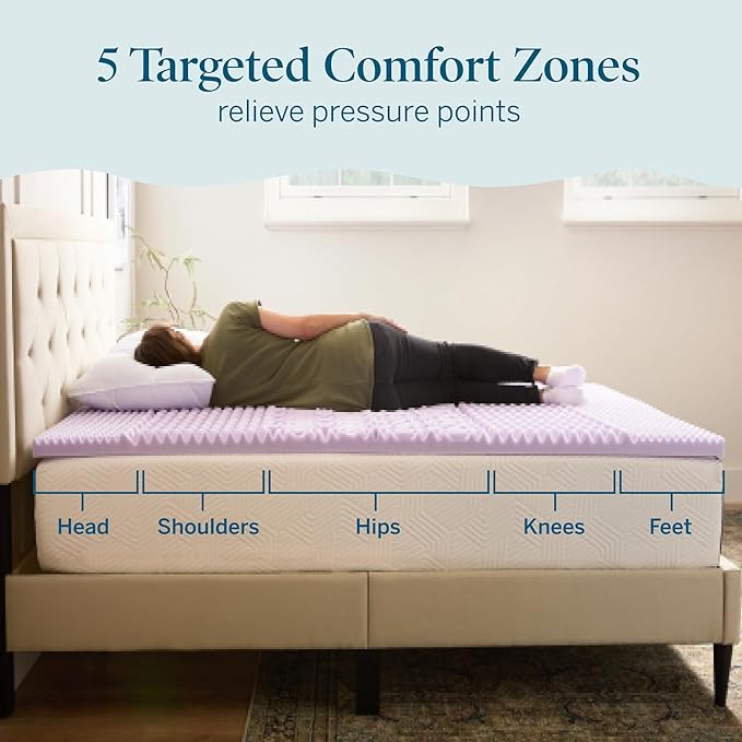 LUCID Lavender Infused 2 Inch Memory Foam Mattress Topper with 5 Zones – King Size – Plush Feel – CertiPUR Certified – Dorm Room Essentials