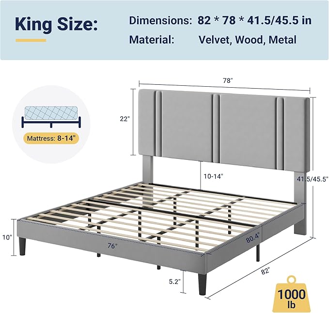 Allewie King Size Platform Bed Frame with Adjustable Headboard, Plush Velvet Upholstered, Vertical Channel Tufted, Sturdy Wooden Slats, No Box Spring Needed, Easy Assembly, Grey