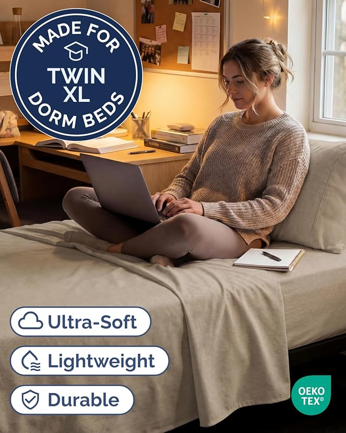 Twin XL Size 3 Piece Sheet Set - Comfy Breathable & Cooling Sheets - Hotel Luxury Bed Sheets for Women & Men - Deep Pockets, Easy-Fit, Soft & Wrinkle Free Sheets - Heathered Beige Oeko-Tex Bed Sheets