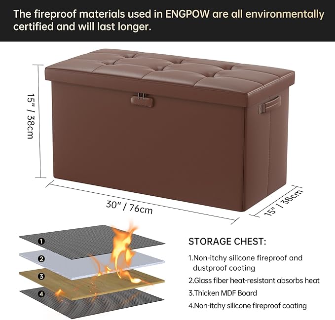 ENGPOW Storage Ottoman Bench,Fireproof Folding Bench with Lock,30 Inches Fire＆Water Resistant Storage Chest Foot Rest Stool Leather Bedroom Bench with Storage Safe for Document,Valuables, Brown