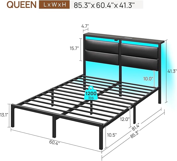 Rolanstar Queen Bed Frame with Charging Station, LED Bed Frame Queen with Upholstered Storage Headboard, Platform Bed with Metal Slats & Under Bed Storage, No Box Spring Needed, Noise Free, Black