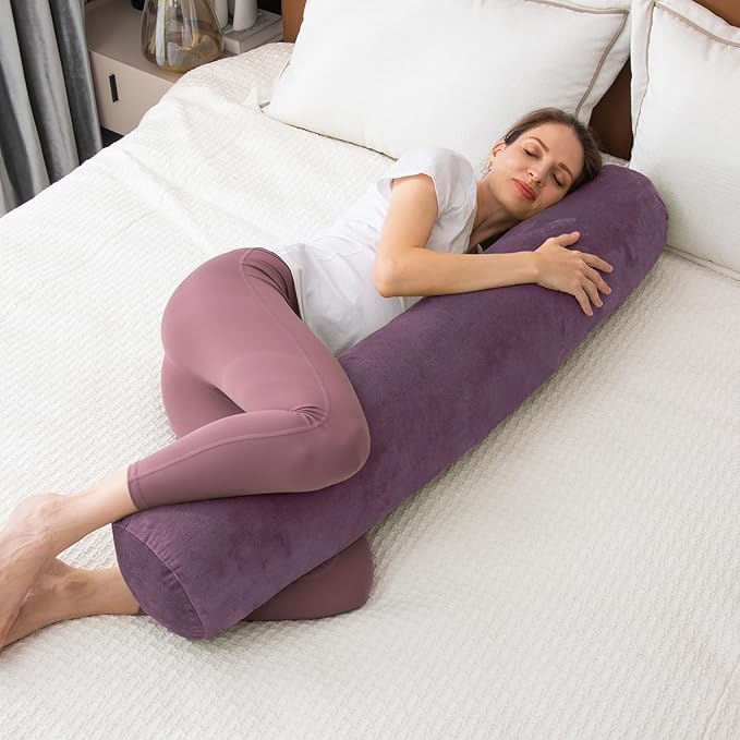 1 MIDDLE ONE Bolster Pillow for Bed, Long Round Body Pillow for Adults with Removable Velvet Cover, Decorative Tube Roll Cylinder Pillow, 47 x 7.87 Inch, Purple