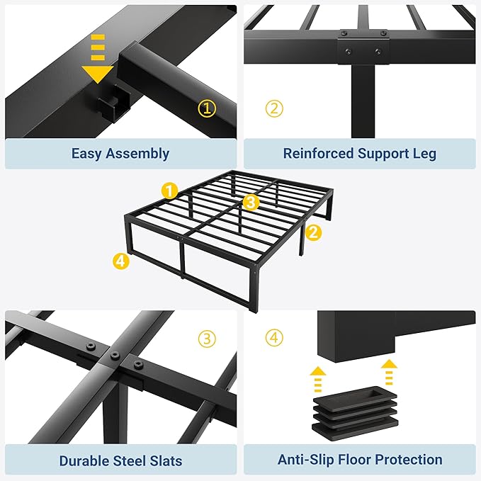 Allewie Queen Bed Frame, 14 Inch Metal Platform Bed Frame with 4000LBS Heavy Duty Steel Slats Support, Noise Free, Easy Assembly, No Box Spring Needed, Black