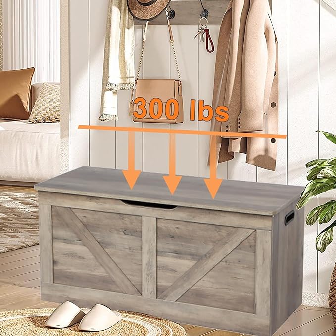 Timberer 39.4" Storage Chest, Wooden Storage Bench, Large Storage Trunk with 2 Safety Hinges, Entryway Shoes Bench for Living Room, Bedroom, Grey