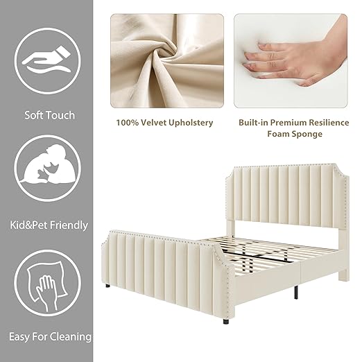GarveeHome King Size Platform Bed Frame with 50.2 in Headboard, Velvet Upholstered Bed Frame with Vertical Channel Tufted Headboard & Footboard, Nailhead Trim, No Box Spring Needed, Cream