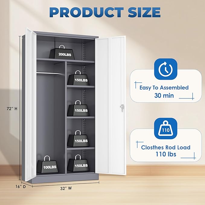 INTERGREAT Metal Storage Cabinet,72 Tall Armoire Wardrobe Closet with Doors,Grey White Storage Locker Cabinets with Adjustable Shelves and Removable Hanging Rods