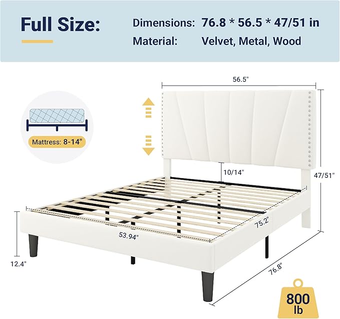 Allewie Full Size Bed Frame with Adjustable Velvet Upholstered Headboard, Rivet-Style Nailhead Trim Detail Platform Bed Frame, Wooden Slat Support, No Box Spring Needed, Easy Assembly, White