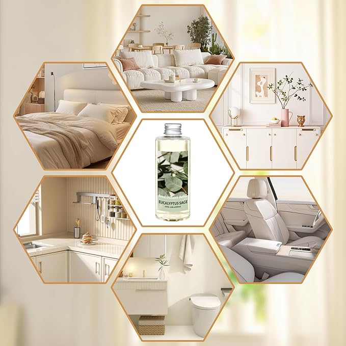 STRN Reed Diffuser Oil Refill, Eucalyptus Sage Scented Reed Diffuser Set, 6.8 fl.oz（200ml）, Reed Diffuser Refill for Summer Home Fragrance, Bedroom, Bathroom Office Home Decor