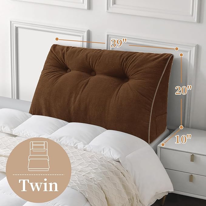Sasttie Headboard Pillow Twin/Twin XL, Wedge Pillow Headboard for Dorm, Triangular Daybed Backrest Cushion for Sitting or Reading in Bed, with Removable Washable Cover, Brown