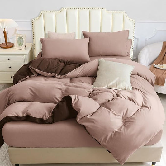 PURE ERA Jersey Knit Duvet Cover Set 100% T-Shirt Cotton Super Soft Comfy 3pc Bedding Set with Zipper Closure (Petal Pink/Dark Brown, King, 104'' x 90'')