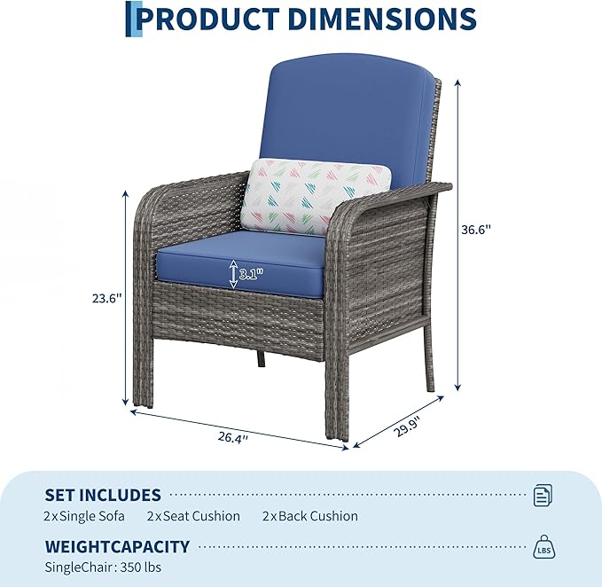 GarveeHome Outdoor Wicker Chairs Set of 2, All-Weather High Back Rattan Patio Furniture, 2-Piece Conversation Set with Comfy Cushions for Porch, Deck (Gray, Blue Cushion)