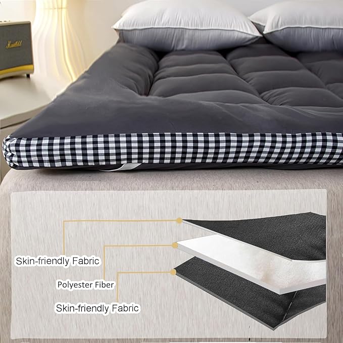 Thick Mattress Topper King Size - Non-Slip Mattress Pad Cover for Back Pain Breathable Folding Sleeping Pad Machine Washable Mattress Protector (78x80 inch,Black)