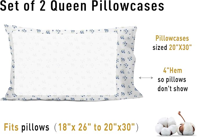 sunflower Queen Pillowcases Set of 2, 100% Cotton Queen Size Pillow Cases 2, 20×30 inches Blue Posy, Soft and Breathable