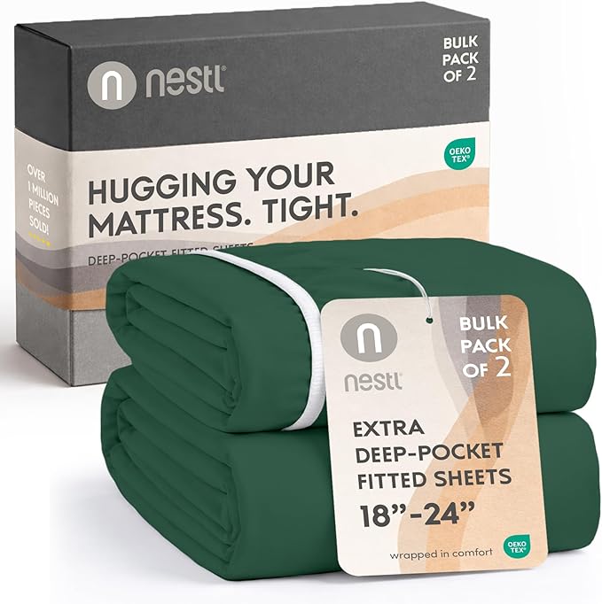 Nestl 2 Pack Dark Green Fitted Sheet Extra Deep Pocket, Hotel Luxury Cal King Fitted Sheet Only Easily Fits 18 to 24 Inch Mattress, Super Soft, Wrinkle-Free and Breathable with Corner Straps