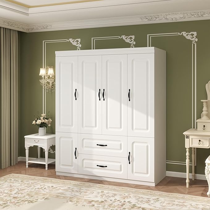 Armoire Wardrobe Closet: White Wood Large Bedroom Armoires Wood Wardrobe Cabinet with 4 Door 2 Drawers Tall Closet with Shelves and 2 Hanging Rail Room