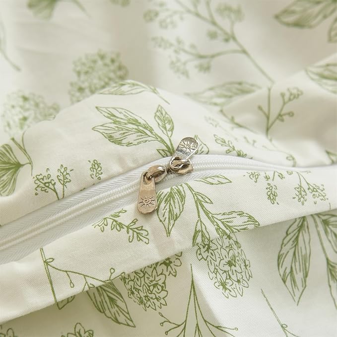 mixinni Girls Boho Green Floral Duvet Cover Set Twin XL Size Cotton Soft Aesthetic Cute Flowers Leaves Pattern Bedding Comforter Cover, 1 Queen Duvet Cover with 2 Pillowcases for All Seasons
