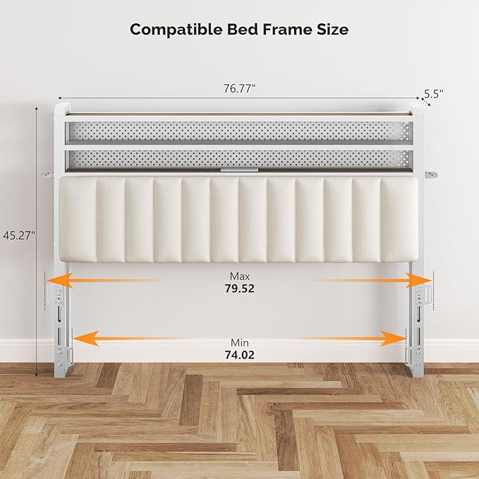 VINGLI King Size Headboard with Shelf, Adjustable Upholstered Headboards with Storage, 3 Tier Shelves and LED Lights, Charging Stations and Pegboard, Modern Bed Head Board, White