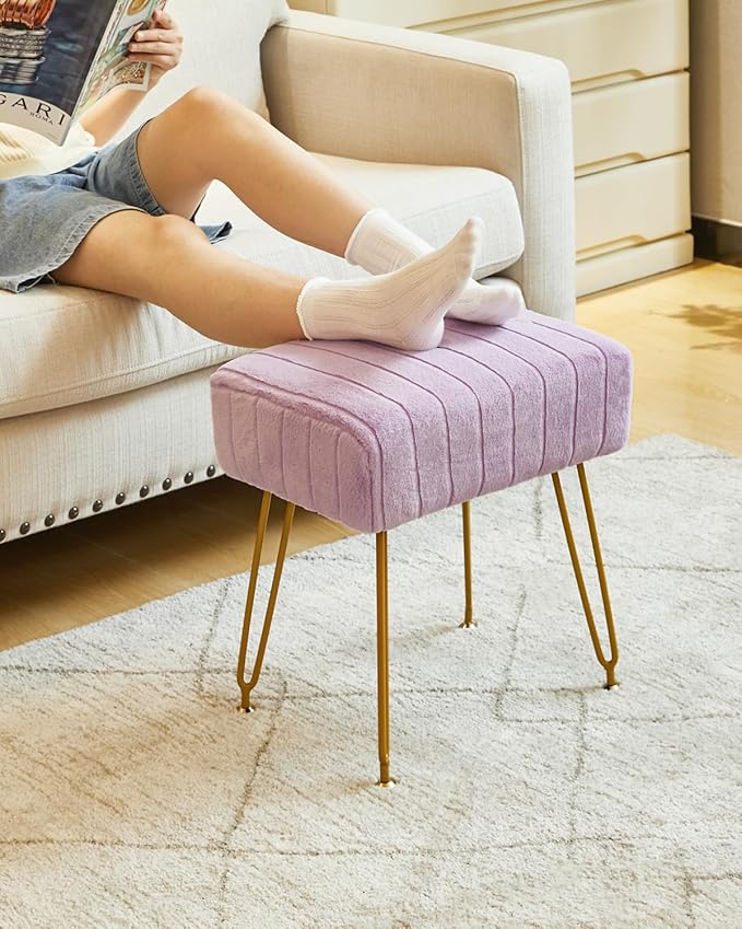 IBUYKE Velvet Rectangular Footrest Stool Ottoman, Makeup Vanity Stool Side Table, Velvet Dressing Table Seat, Pouf Couch Stool, Golden Steel Legs, Purple LG-51V