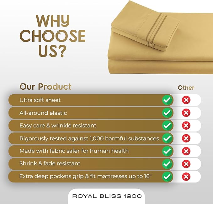 Split California King Sheets Sets - 5 Pcs Set - Split Cal King Sheets Sets for Adjustable Bed California Split King Sheets Sets Cal King Split Sheets for Adjustable Bed (Gold)