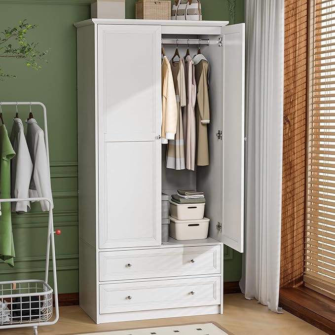 VINGLI Wardrobe Closet with 2 Doors and 2 Drawers, 72" H Wardrobe Cabinet Closet, Freestanding Clothing Storage Cabinet, Wooden White Bedroom Armoire, Combination for Hanging Clothes