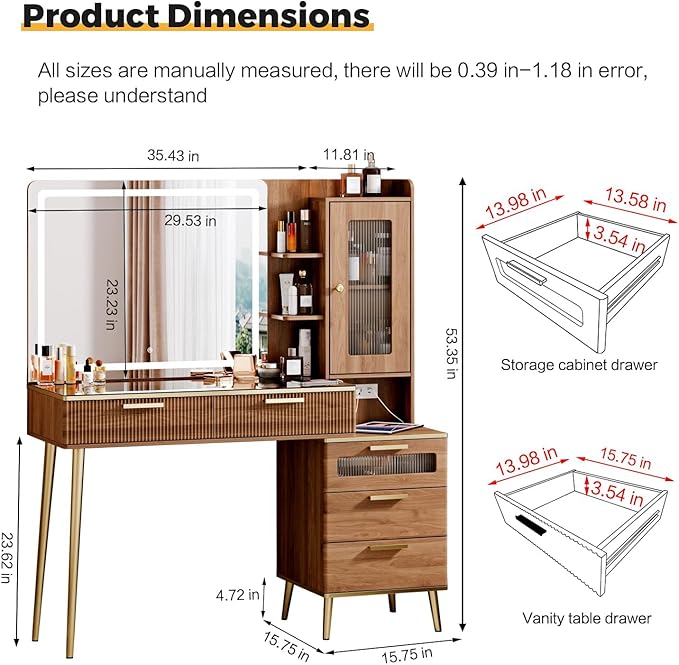 Arulvmrn Vanity Desk with 29.53" HD Lighted Mirror, 47.24" Big Modern Vanity Desk with Mirror and Lights, Makeup Vanity with 5 Drawers and Storage Shelves and Charging Station,Brown