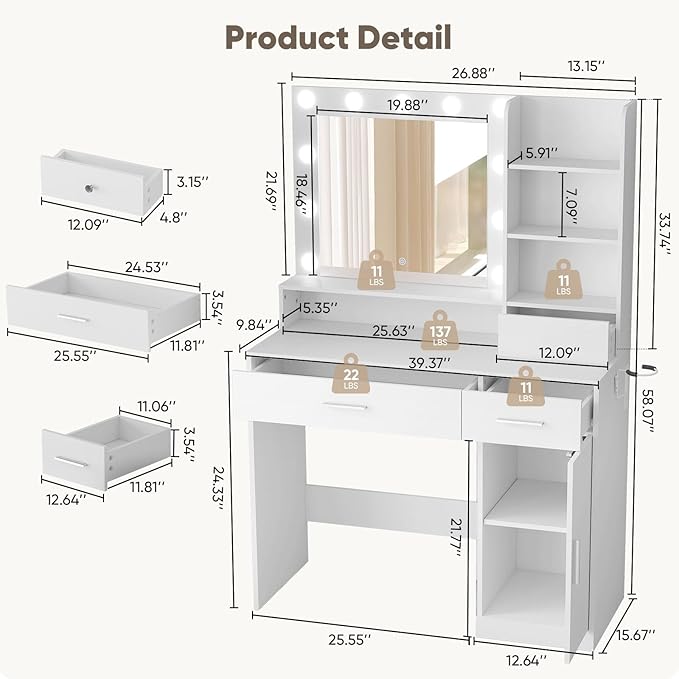 DUMOS Vanity Desk Makeup with Mirror LED Lights, Table with Power Outlet 2 Drawer, 4 Storage Shelves Cabinet & 3 Lighting Mode Adjustable Brightness, Dressing Tables for Bedroom, White