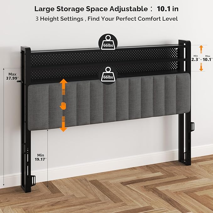 VINGLI Full Size Headboard Only, Adjustable Upholstered Headboard with 3 Tier Shelves and Pegboard with Charging Stations and LED Lights, Modern Bed Headboard with Storage for Bedroom Decor,Dark Gray