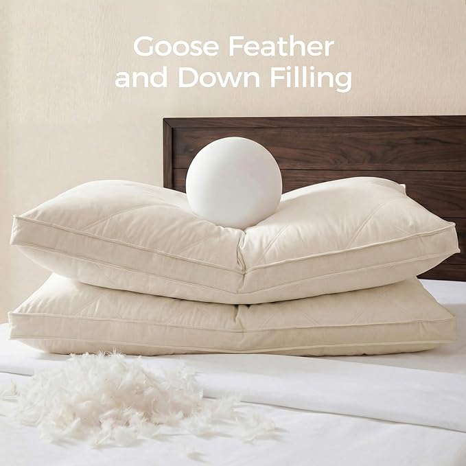 puredown® Goose Feathers and Down Pillows, 100% Organic Cotton Cover, Gusseted Pillow for Sleeping Hotel Collection Bed Pillows, Queen, Set of 2