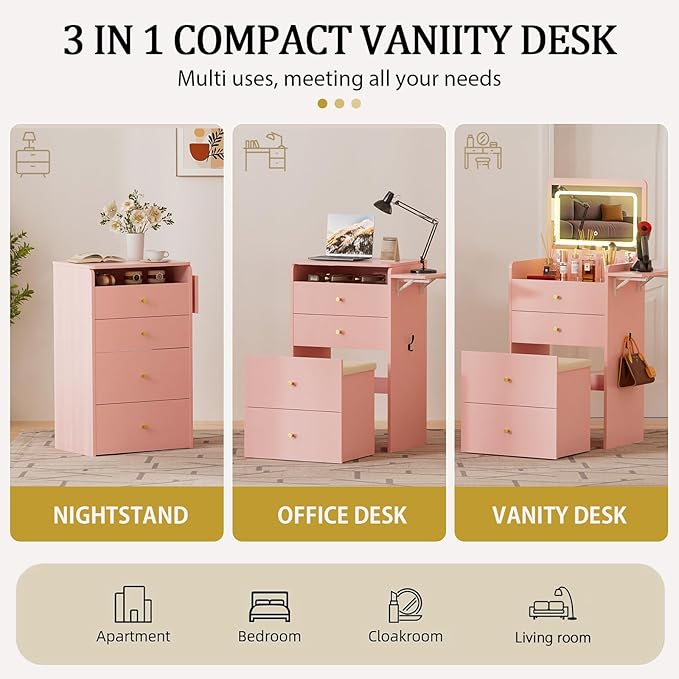 COMHOMA Makeup Vanity Desk with Mirror and Lights, Small 3 in 1 Vanity Table with Visible Glass Top, Flip Top & 3 Drawers, Compact Dresser with Storage Stool for Bedroom, Office or Nightstand