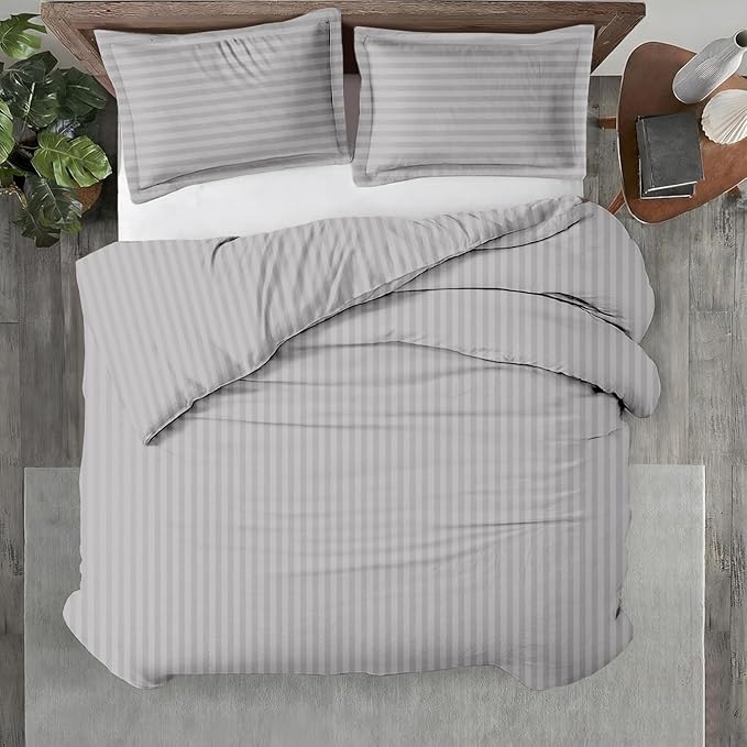 Kotton Culture 120"x120" 3 Pc Super King Plus/Super Oversize King Duvet Cover Set 100% Egyptian Cotton - 600 TC, Zipper Closure & Corner Ties - Fits Only Extra Large Inserts - Striped Silver