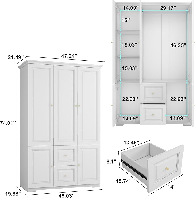 Armoire Wardrobe Closet with 3 Drawers: 74" White Wardrobe Closet with 3 Doors, Large Wardrobes Closets for Hanging Clothes, Bedroom Armoires and Wardrobes