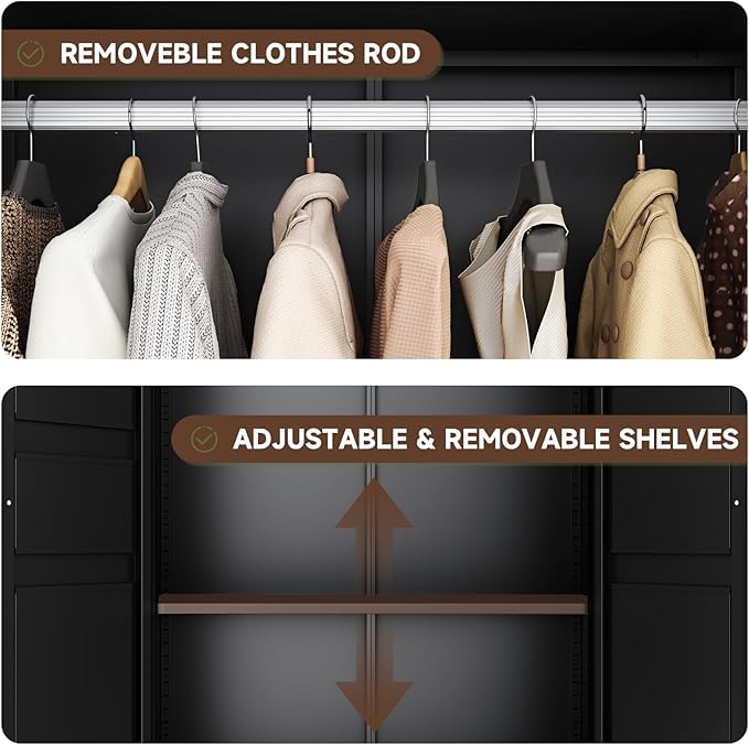 Letaya 71" Metal Wardrobe Cabinets with 2 Drawers,Steel Armoire Wardrobe Closet with Doors and Shelves,Clothing Storage Cabinets with Hanging Rod for Bedroom, Gym, Cloak Room,Black