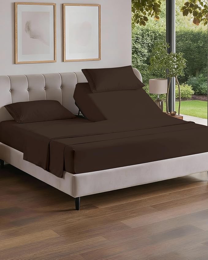 Flex Top Split Head King 4 Piece Sheet Set - Ultra-Soft, Breathable & Cooling Bed Sheets Set - Hotel Luxury Bedding for Women & Men with Deep Pockets - Wrinkle Free & Fade Resistant - Oeko-Tex - Brown