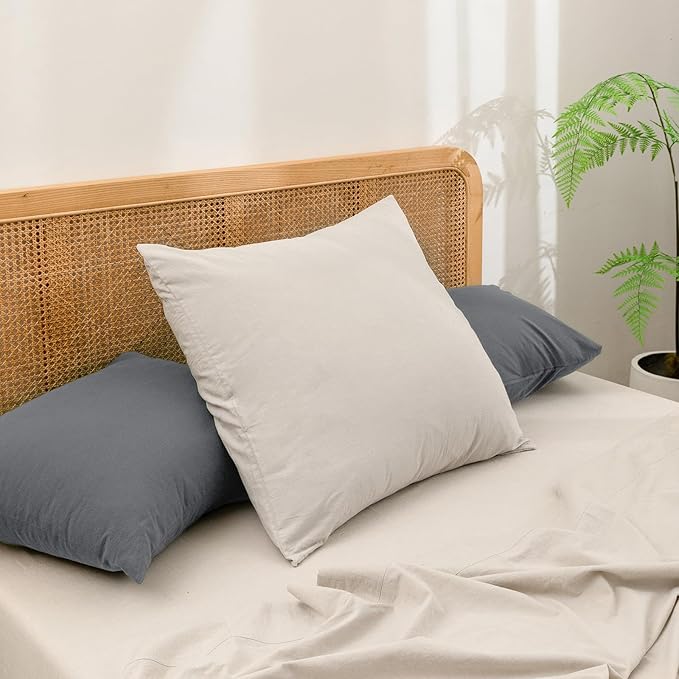 BESTOUCH 100% Washed Cotton Pillowcase for Hair and Skin Linen Feel Soft Comfortable Breathable 2 Set Pillow Case with Envelope Closure Solid Quiet Shade Grey Euro 26x26 Inches